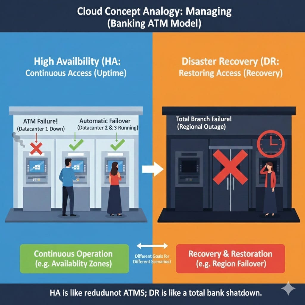 High Availability vs Disaster Recovery using the ATM Analogy