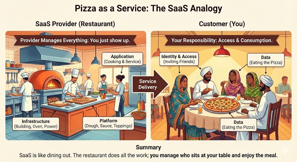 Pizza as a Service analogy comparing On-Premises, IaaS, PaaS, and SaaS